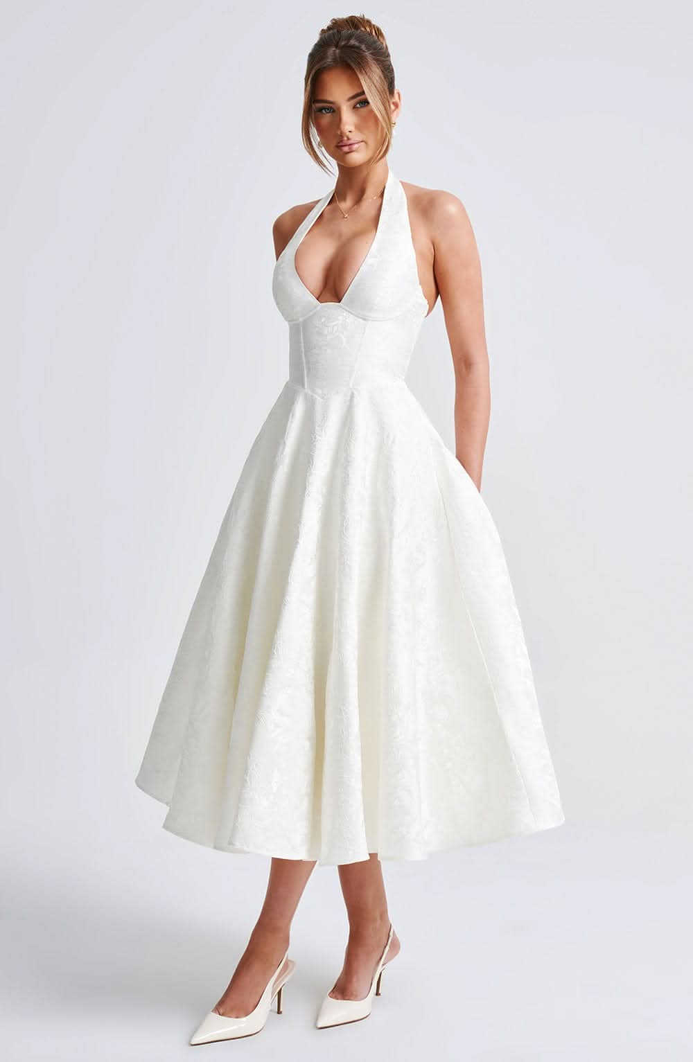 Halter Neck Jacquard Midi Dress for Women, A-Line Skirt