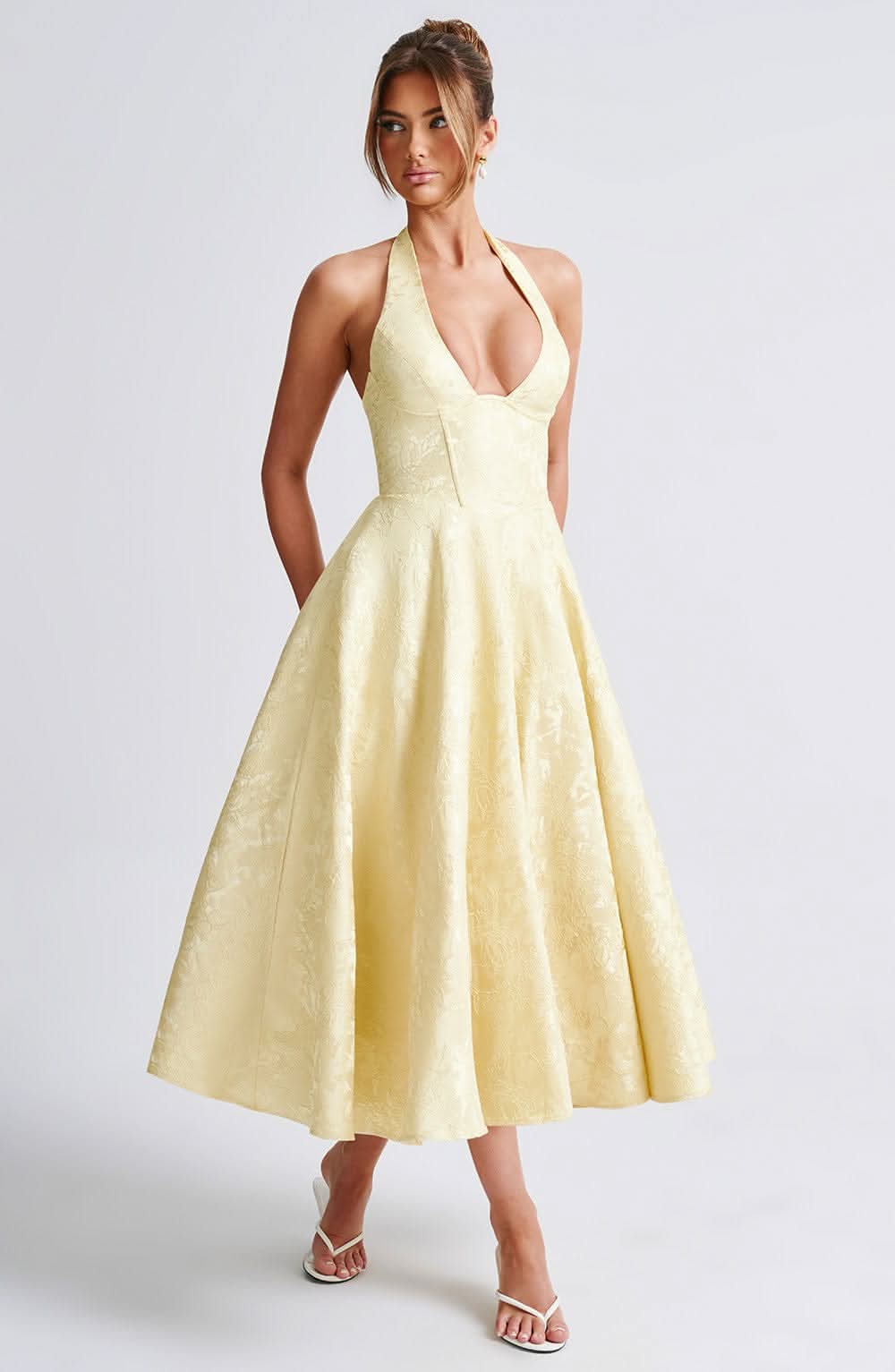 Halter Neck Jacquard Midi Dress for Women, A-Line Skirt