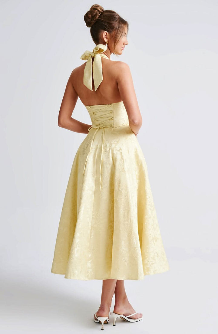 Halter Neck Jacquard Midi Dress for Women, A-Line Skirt