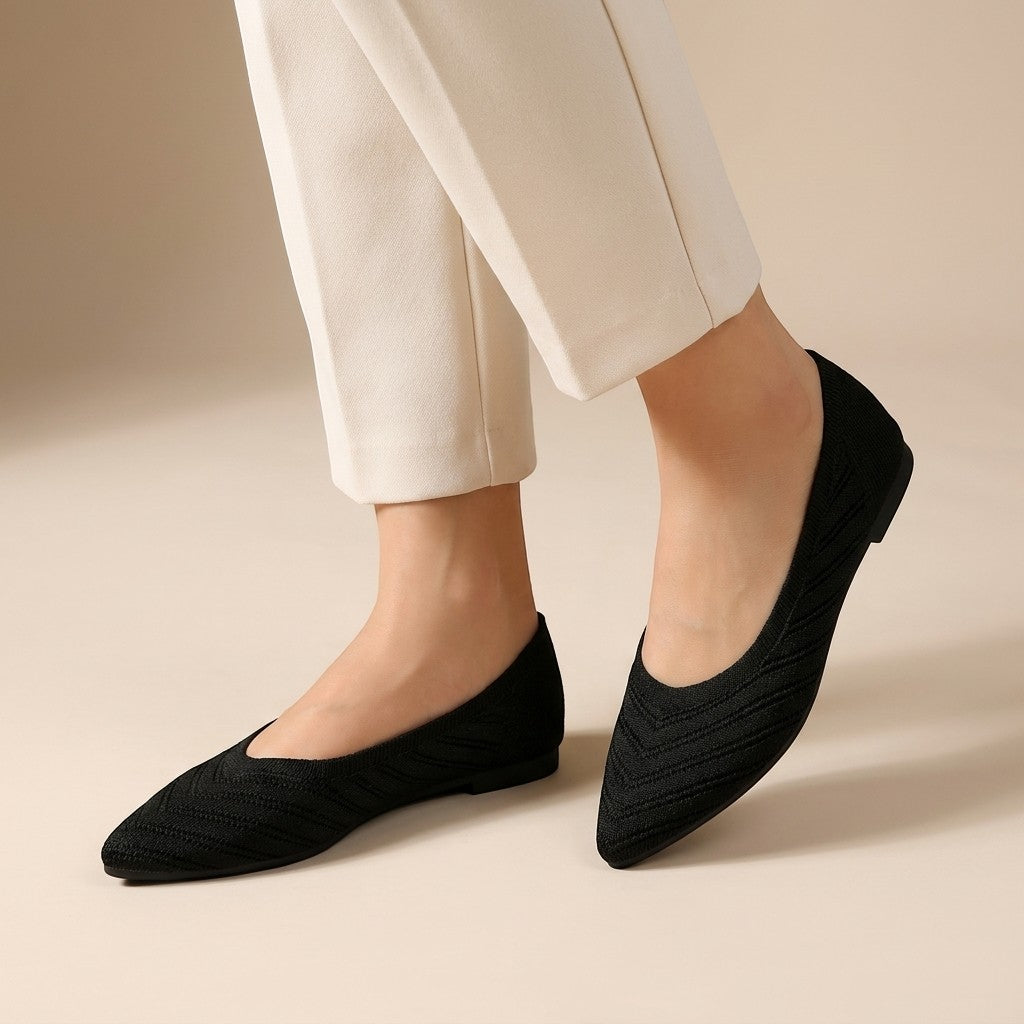 Women's pointed knit flats with a flat sole
