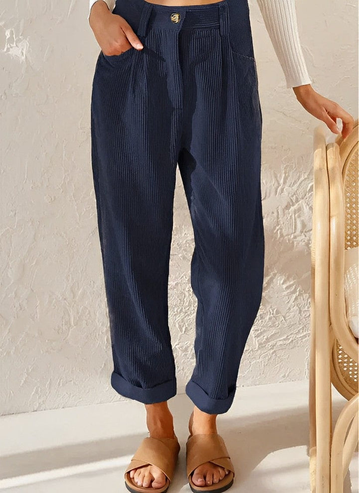 Women's high-waisted corduroy trousers with straight legs and cuffed hems