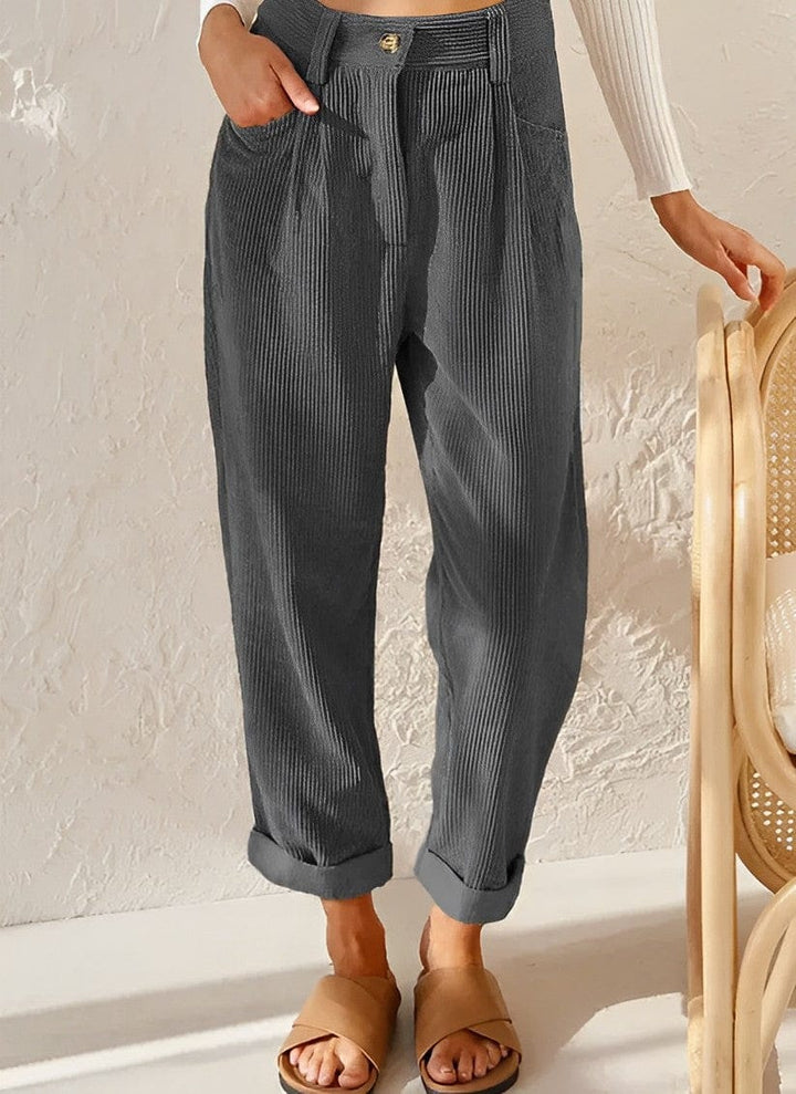 Women's high-waisted corduroy trousers with straight legs and cuffed hems