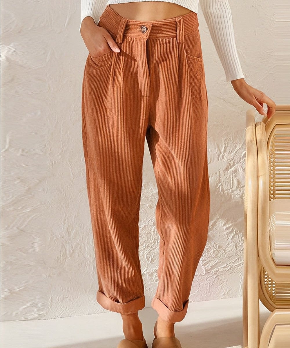 Women's high-waisted corduroy trousers with straight legs and cuffed hems