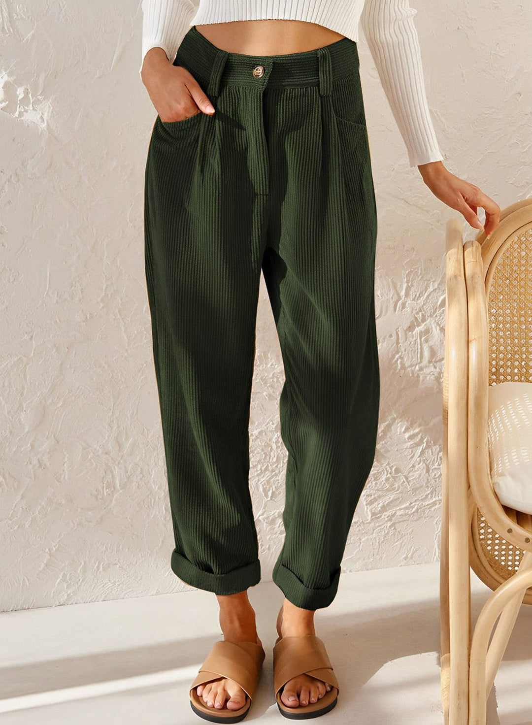 Women's high-waisted corduroy trousers with straight legs and cuffed hems