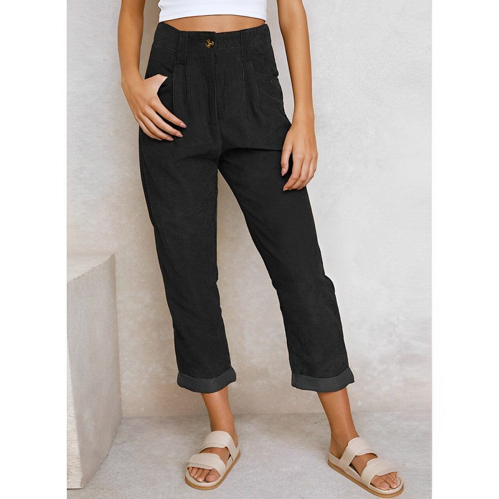 Women's high-waisted corduroy trousers with straight legs and cuffed hems