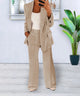 Women's two-piece trouser suit with open blazer and wide-leg pants
