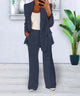 Women's two-piece trouser suit with open blazer and wide-leg pants