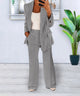 Women's two-piece trouser suit with open blazer and wide-leg pants