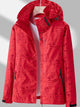 Women's hooded leaf print rain jacket with long sleeves and zipped pockets