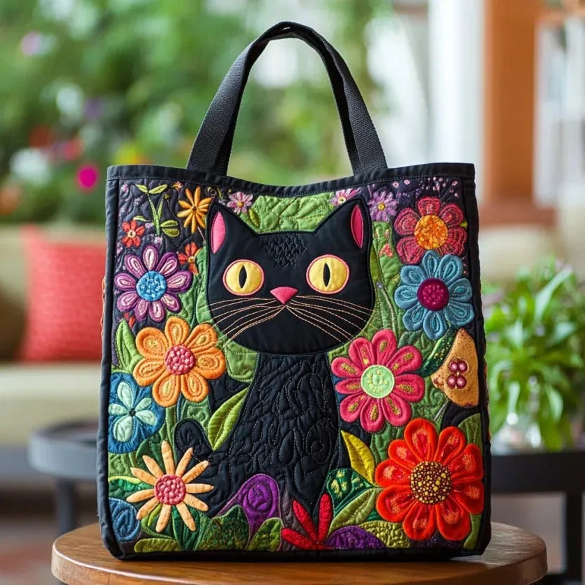 Women's quilted tote bag with colourful floral and graphic print