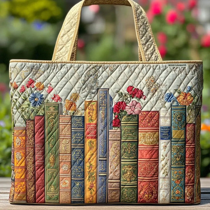 Women's quilted tote bag with colourful floral and graphic print