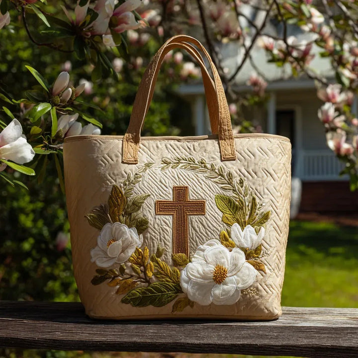 Women's quilted tote bag with colourful floral and graphic print