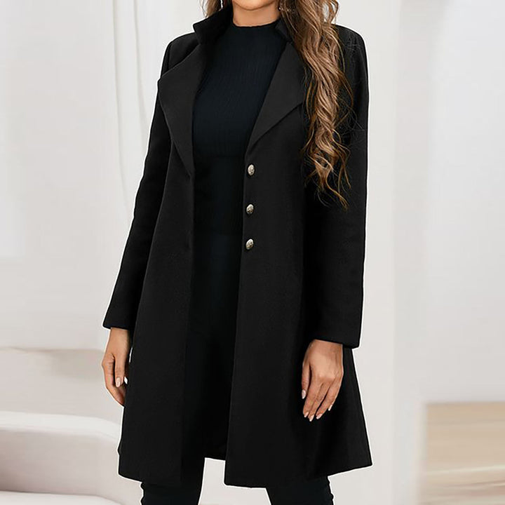 Women's long tailored coat with notched lapels and button front