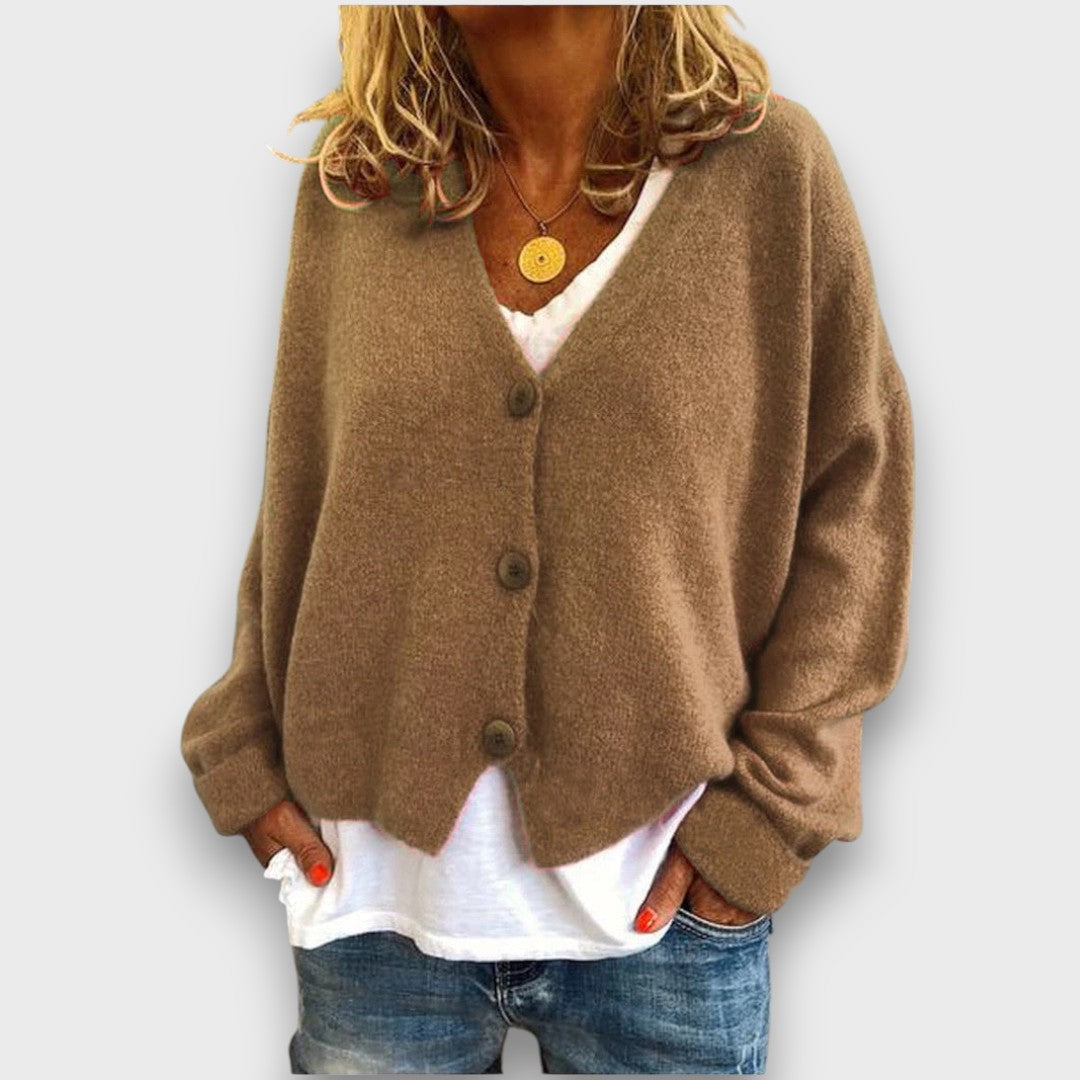 Women's V-neck knit cardigan with long sleeves and button front