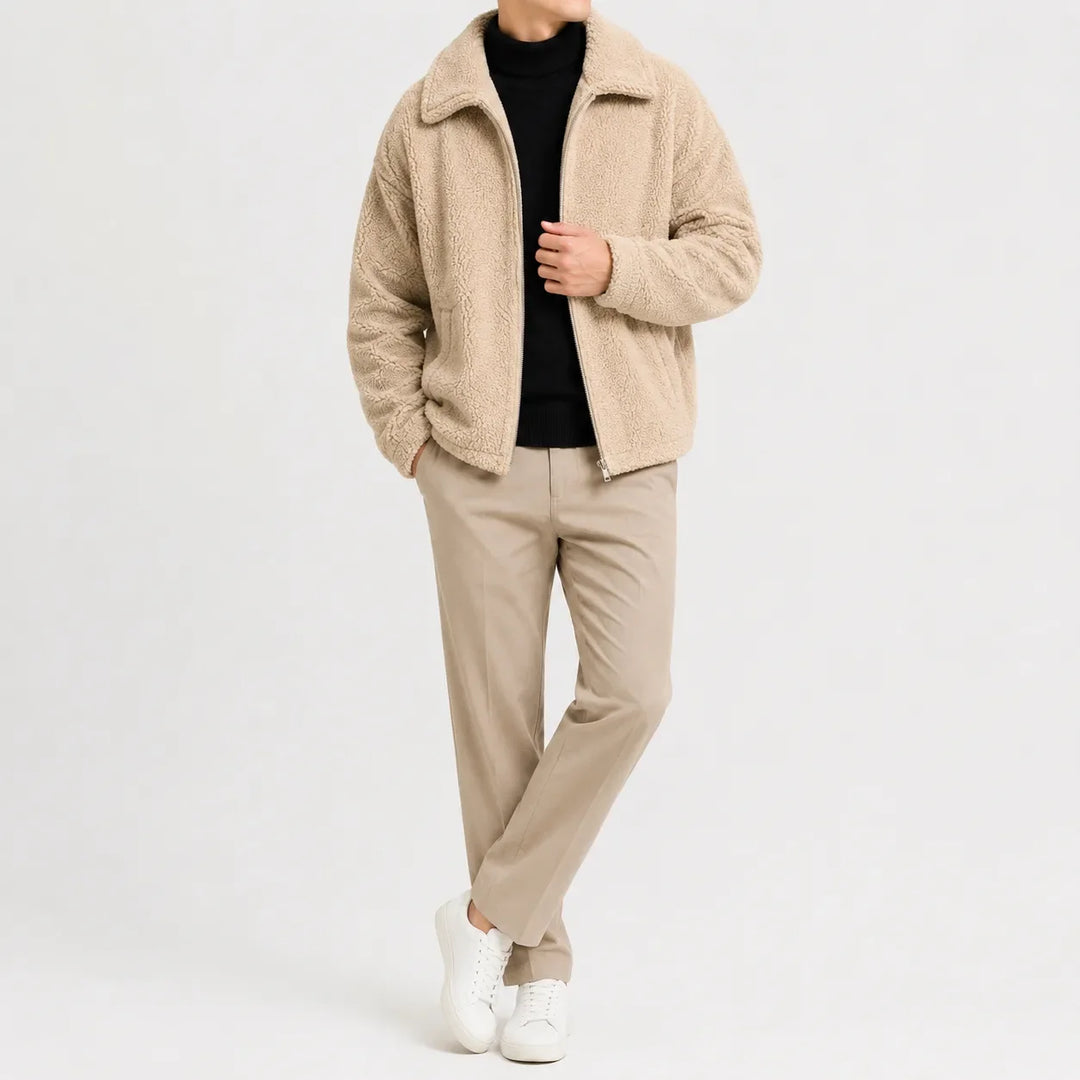 Men's sherpa fleece jacket with turn-down collar and zip front