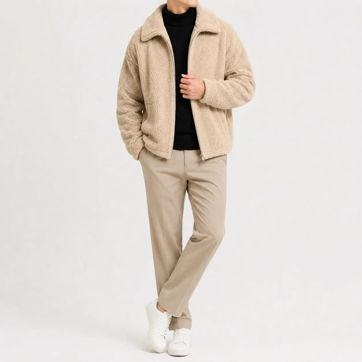 Men's sherpa fleece jacket with turn-down collar and zip front