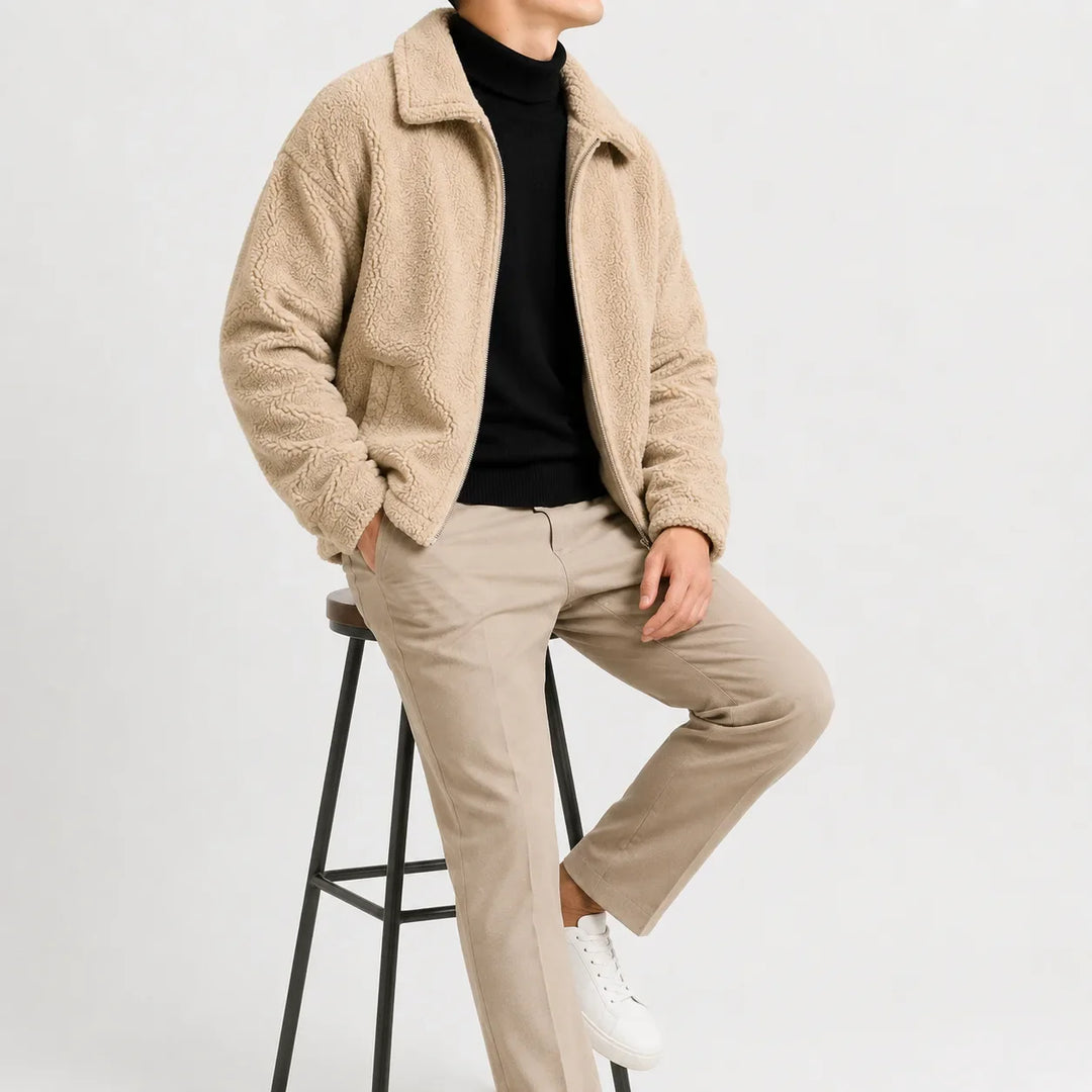 Men's sherpa fleece jacket with turn-down collar and zip front