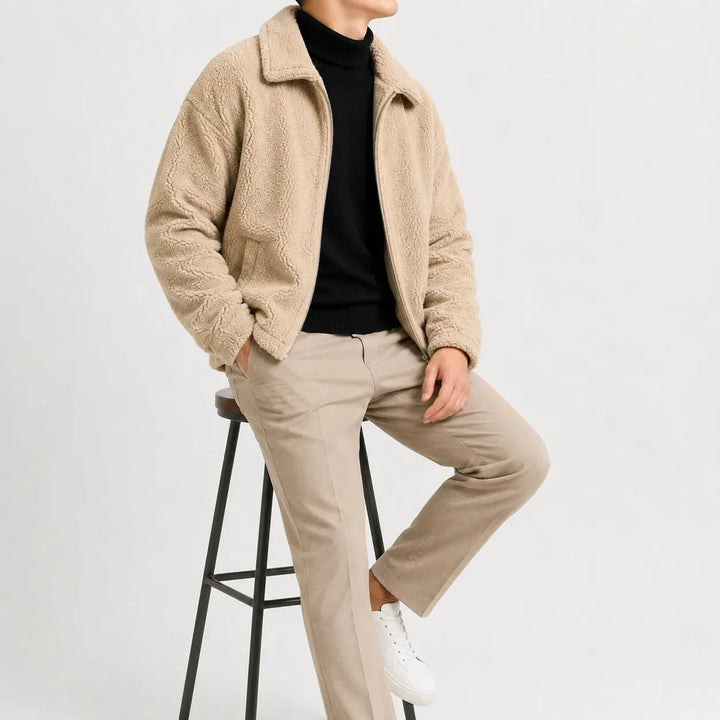 Men's sherpa fleece jacket with turn-down collar and zip front