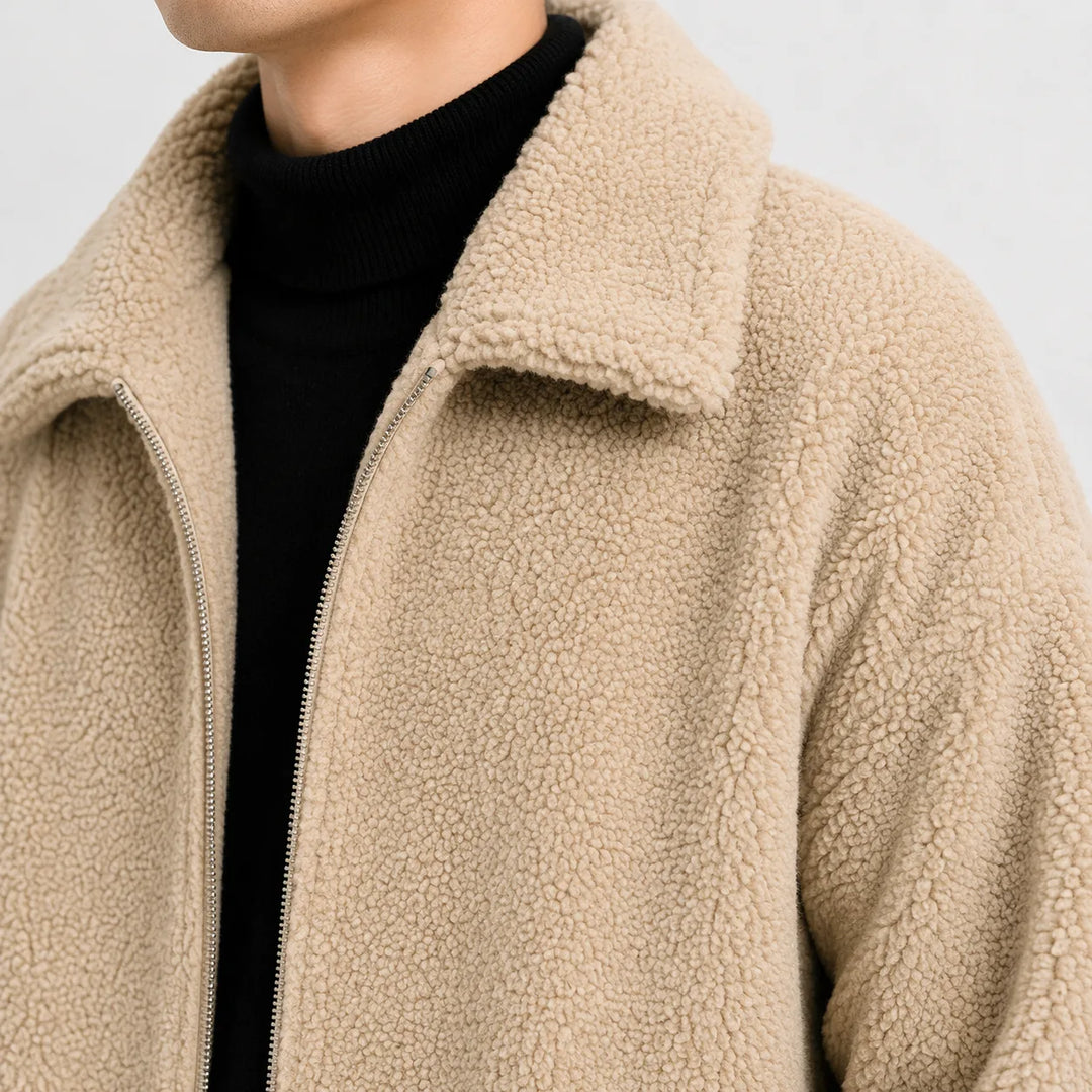 Men's sherpa fleece jacket with turn-down collar and zip front
