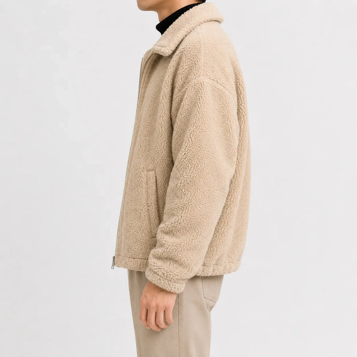 Men's sherpa fleece jacket with turn-down collar and zip front