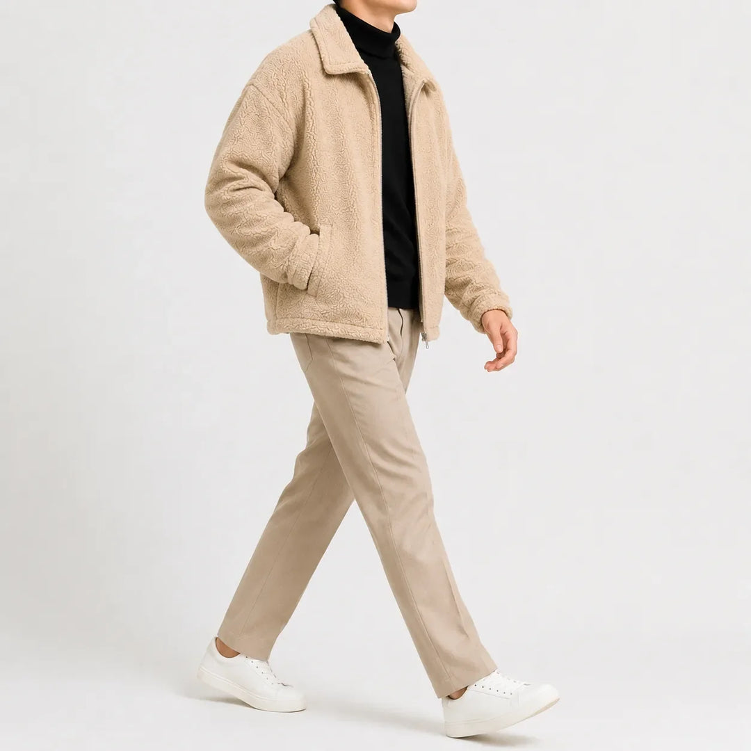 Men's sherpa fleece jacket with turn-down collar and zip front
