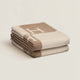 Folded rectangular throw blanket with contrasting blocks and letter motifs