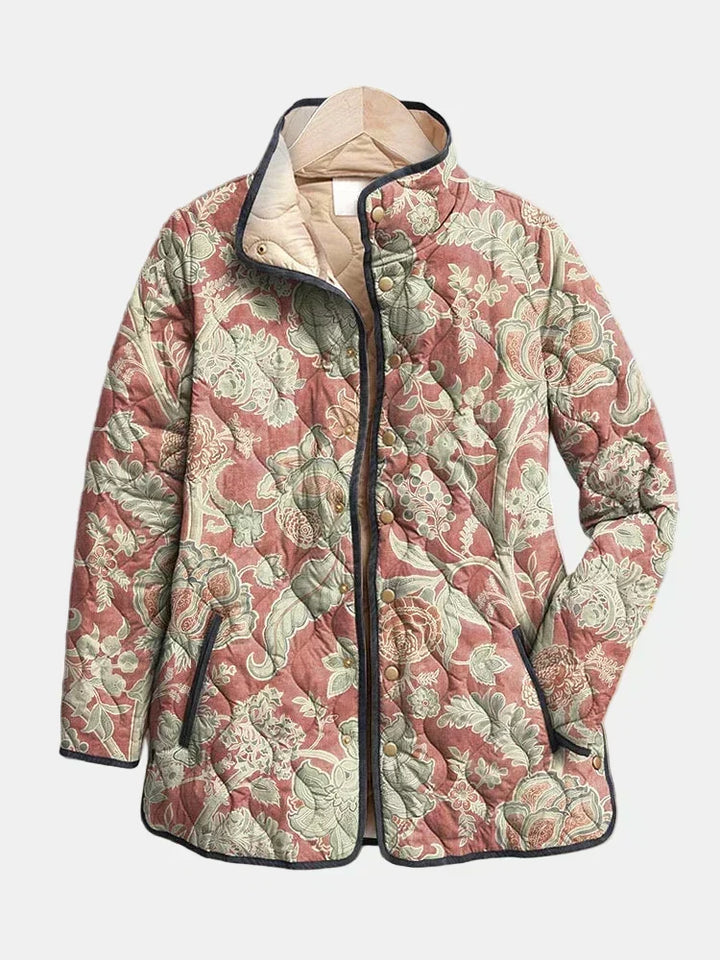 Women's terracotta floral quilted jacket with stand collar and button front