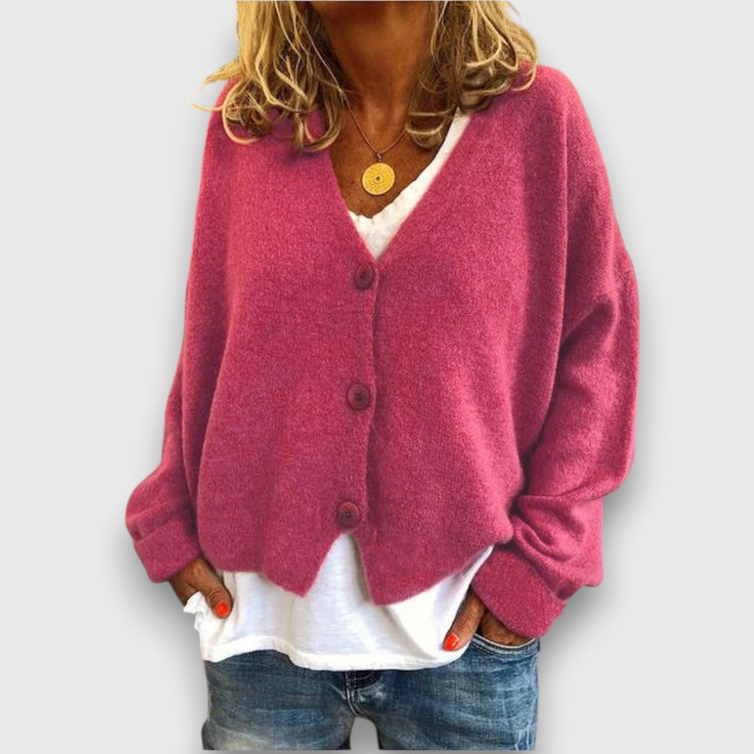 Women's V-neck knit cardigan with long sleeves and button front