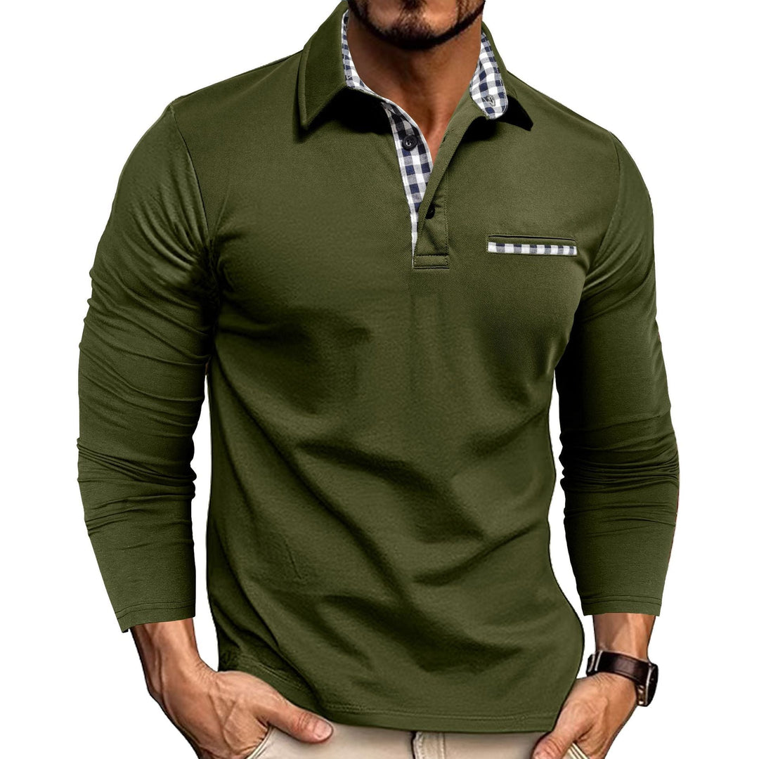 Long sleeve polo shirt with checked contrast collar and chest trim