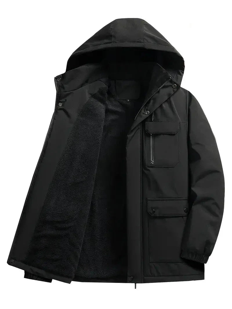 Men's hooded parka jacket with zip front and multiple flap pockets