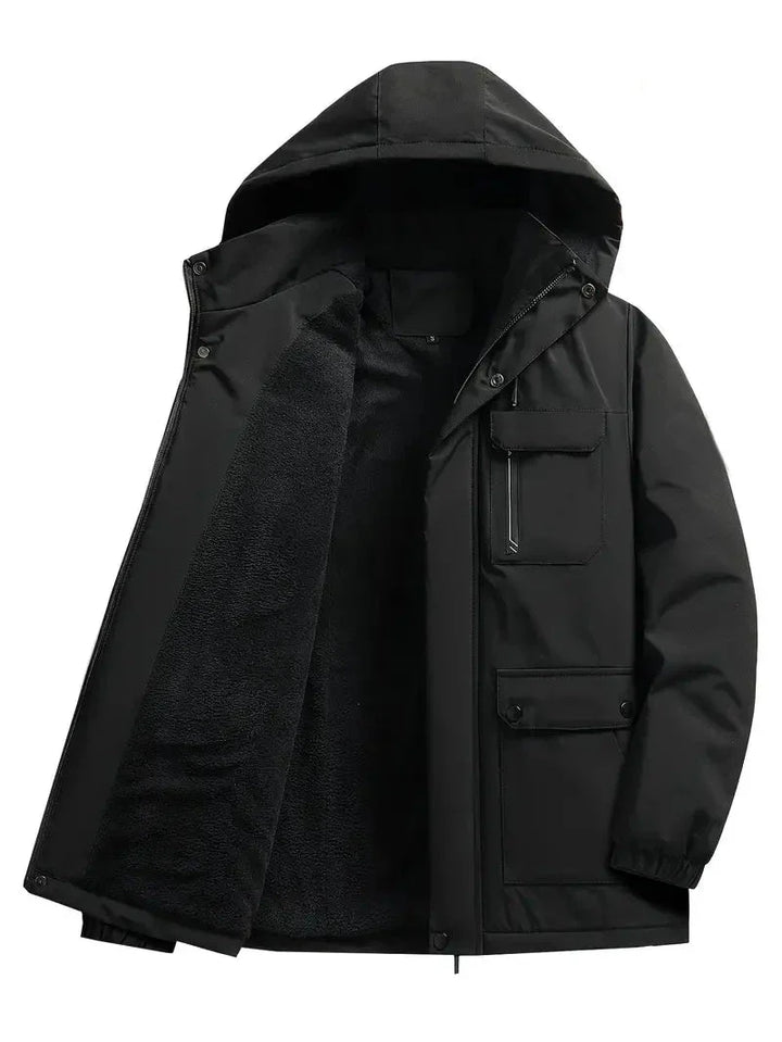 Men's hooded parka jacket with zip front and multiple flap pockets