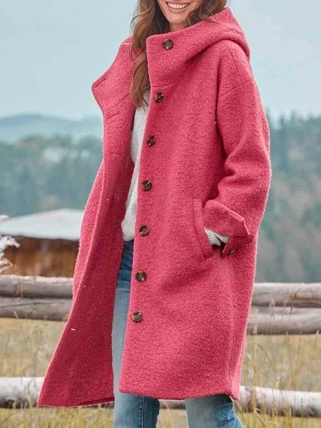 Women's longline hooded coat with button front, long sleeves and turned-back cuffs