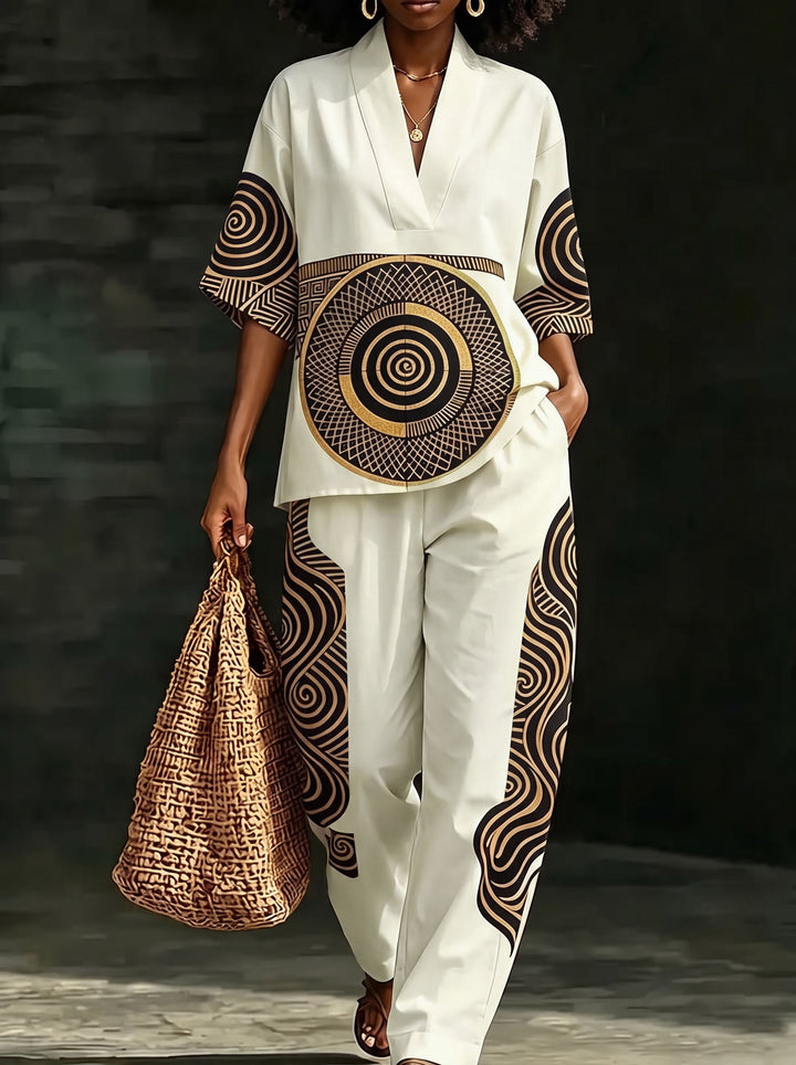 Women's cream wide-leg trousers with geometric contrast panels