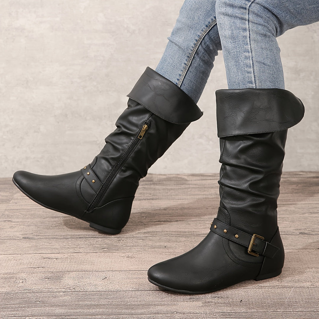Women's Knee-High Boots with Side Zipper in Black - View 7 | Bellmere
