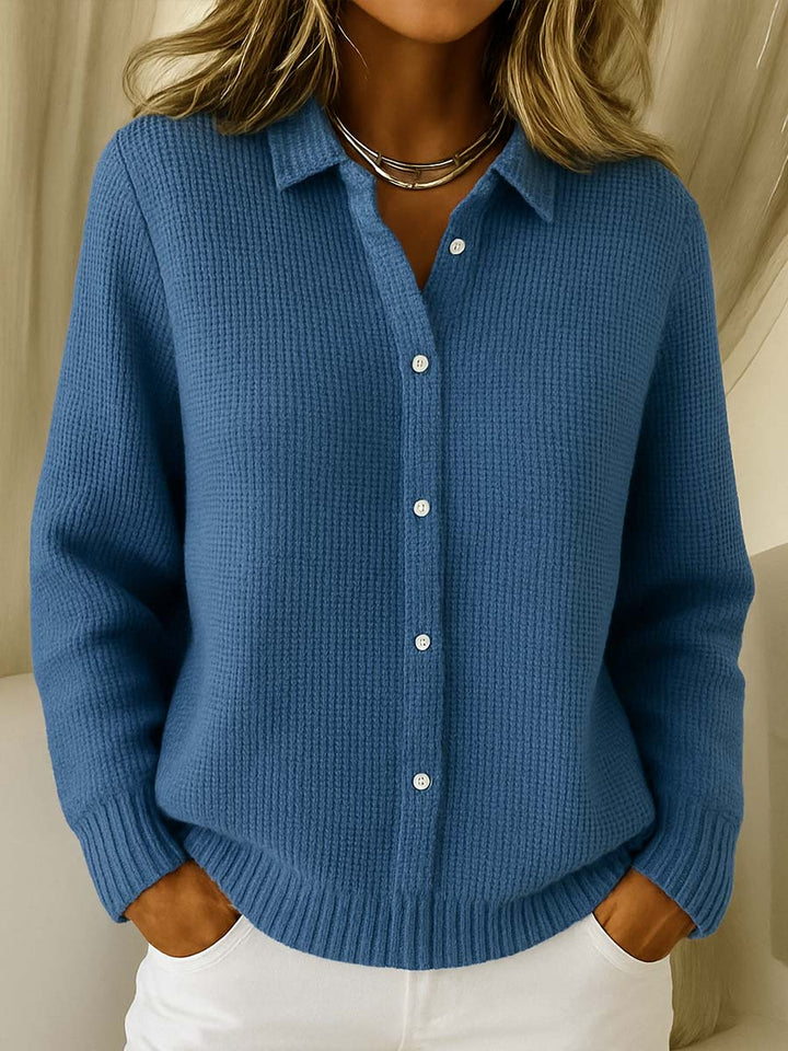 Women's ribbed knit cardigan with collar and button front