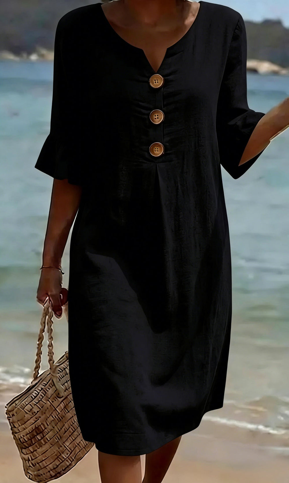 Women's Linen Blend Shift Dress, Buttoned V-Neck, Ruffle Cuffs