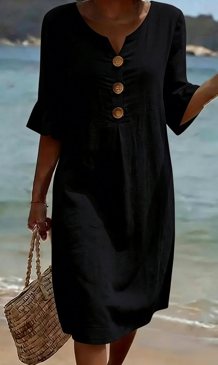 Women's Linen Blend Shift Dress, Buttoned V-Neck, Ruffle Cuffs