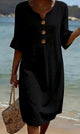 Women's Linen Blend Shift Dress, Buttoned V-Neck, Ruffle Cuffs