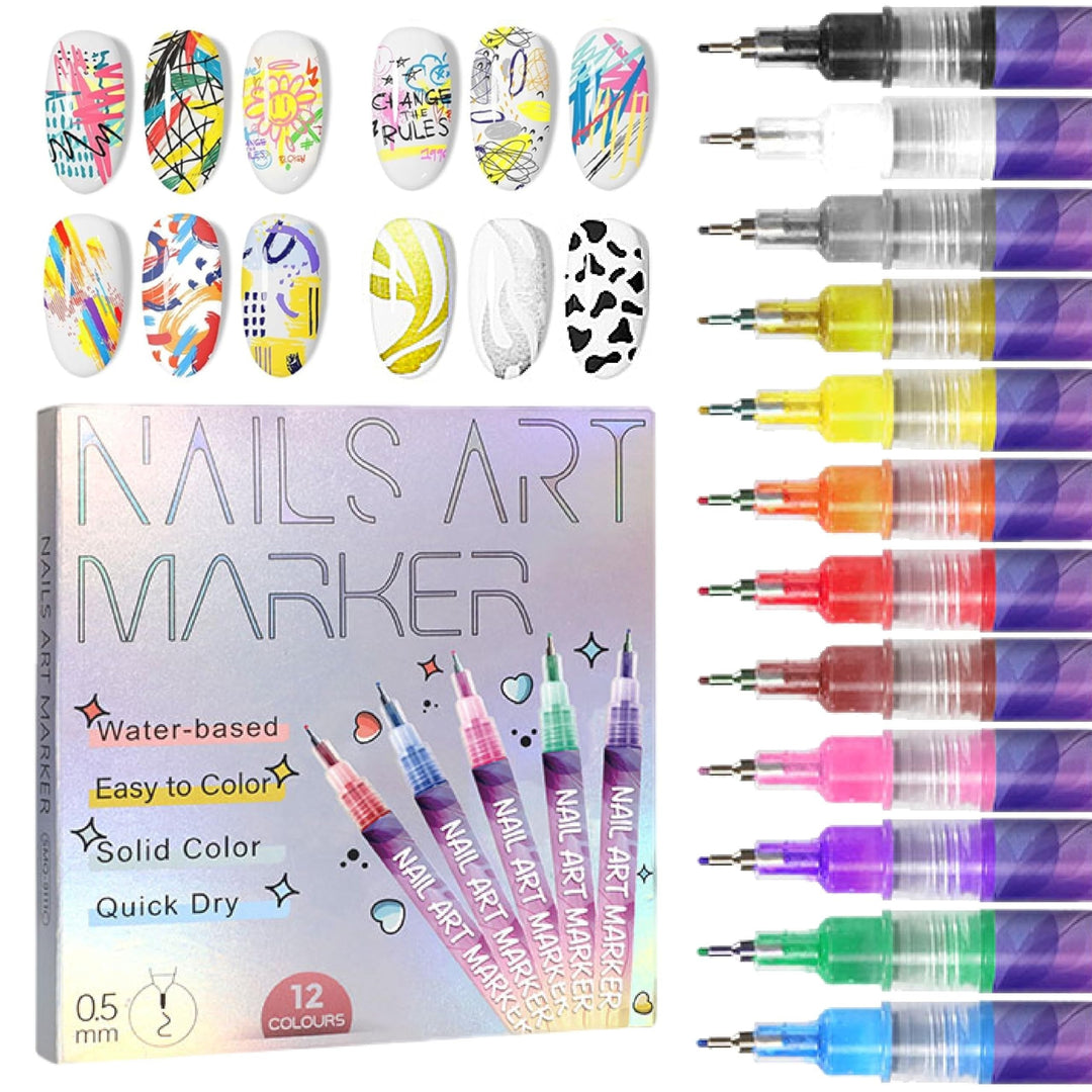 Set of 12 colourful water-based nail art pens with fine tips and storage box