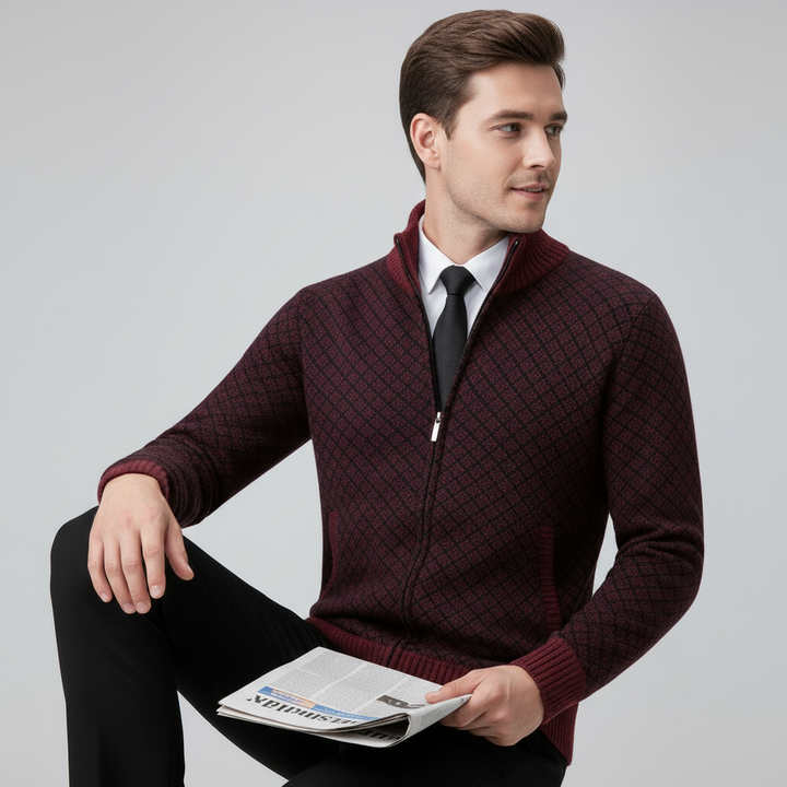 Long sleeve zip cardigan with diamond pattern and stand collar