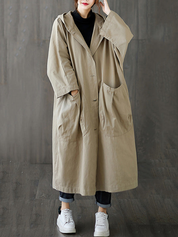 Women's long hooded trench coat with rolled sleeves and large front pockets