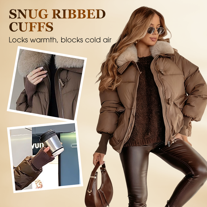Women's cropped puffer jacket with plush collar and long sleeves