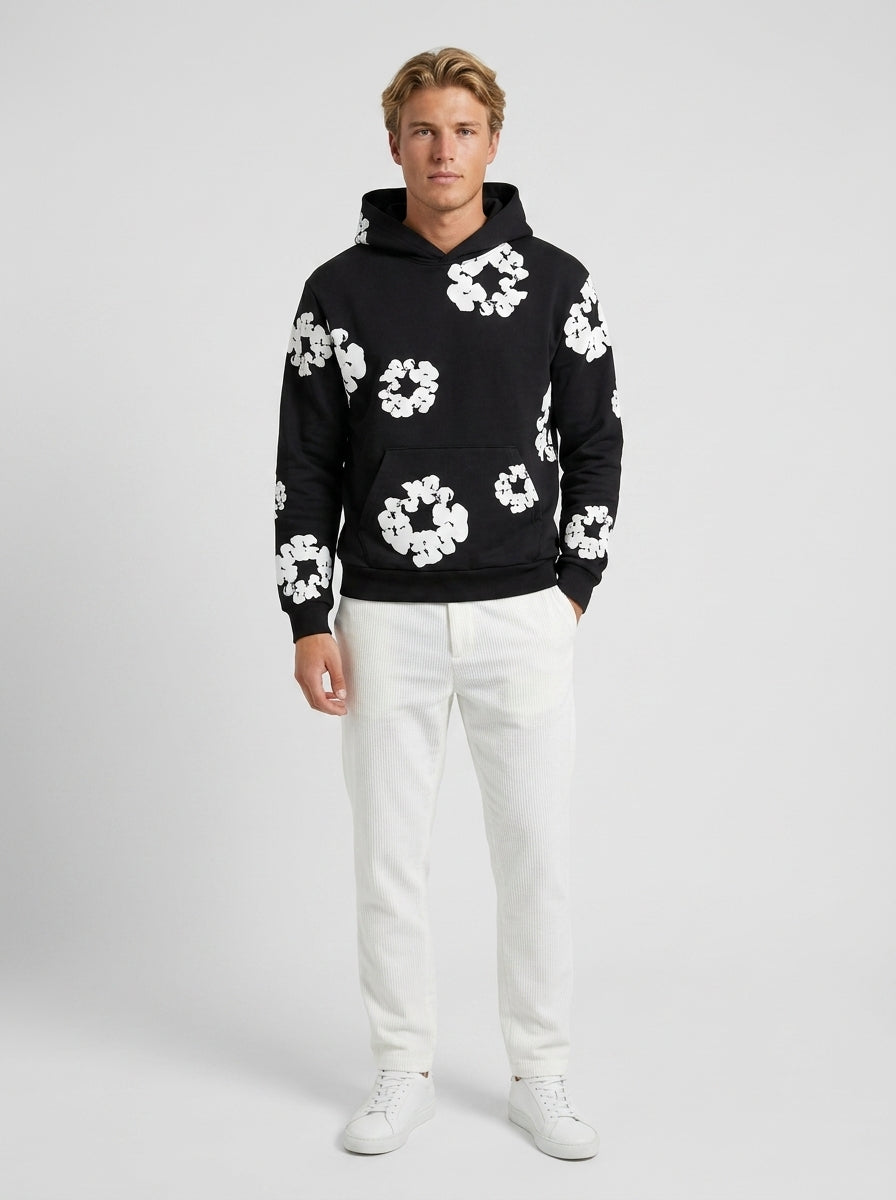 Men's floral printed pullover hoodie with hood and kangaroo pocket