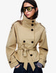 Women's trench jacket with high collar, button front, tie belt and long sleeves