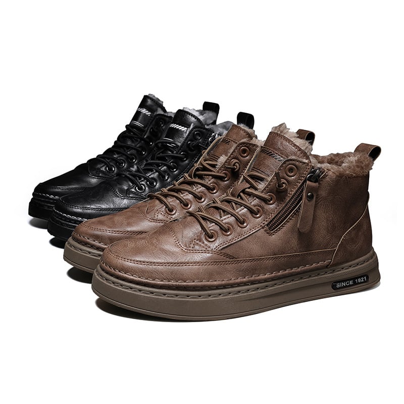 Men's high-top lace-up ankle boots with fur-look lining and side zippers