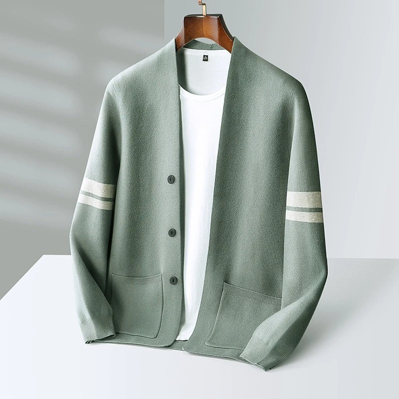 Button-front cardigan with contrast sleeve stripes and patch pockets