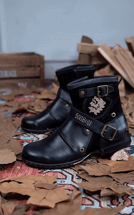 Men's biker ankle boots with buckle straps, round toes and side emblems