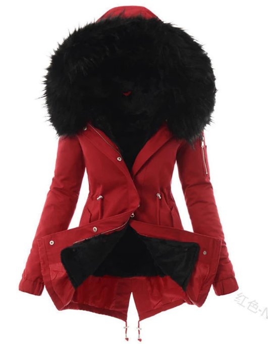Women's long hooded parka with faux fur trim and drawstring waist