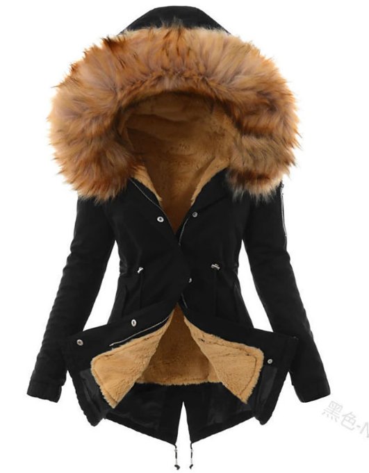 Women's long hooded parka with faux fur trim and drawstring waist