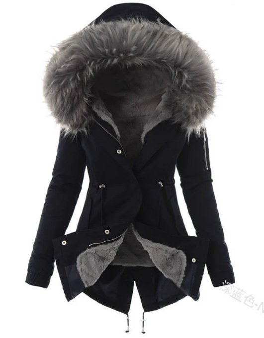 Women's long hooded parka with faux fur trim and drawstring waist